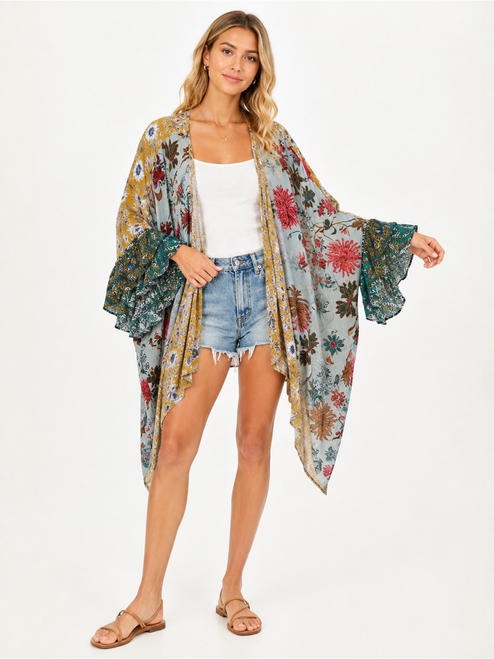 Umgee Boho Floral Patchwork Kimono Ruffle Sleeve Cardigan Small